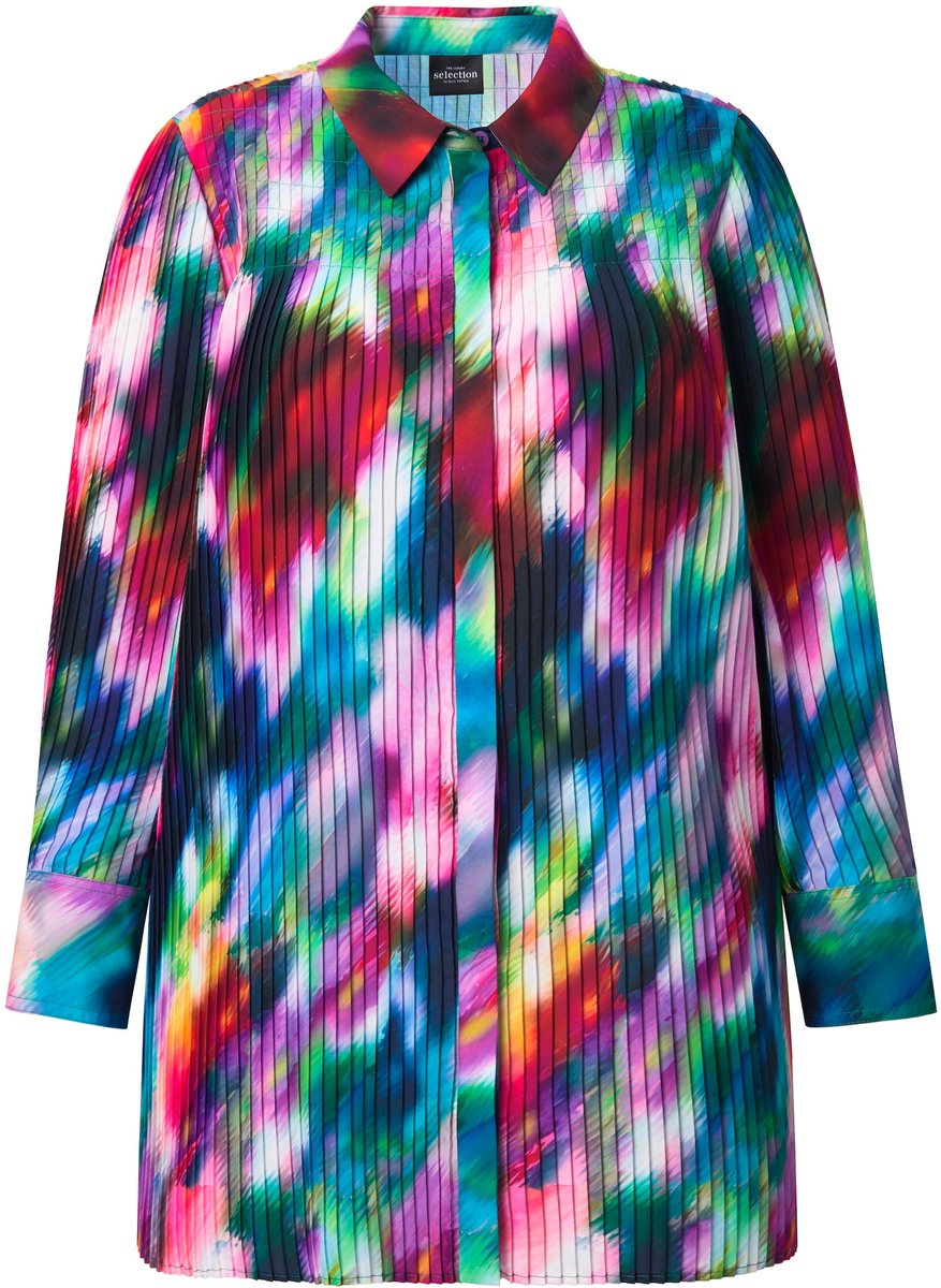 Ulla Popken - Dames - Geplooide blouse A-lijn overhemdkraag lange mouwen - Bes - Maat 54+