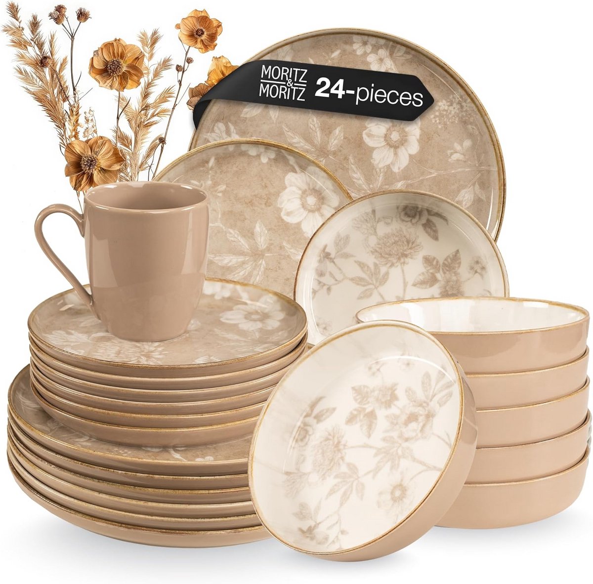 24-delig Aardewerk Servies Set voor 6 Personen - Modern Beige Combi Servies