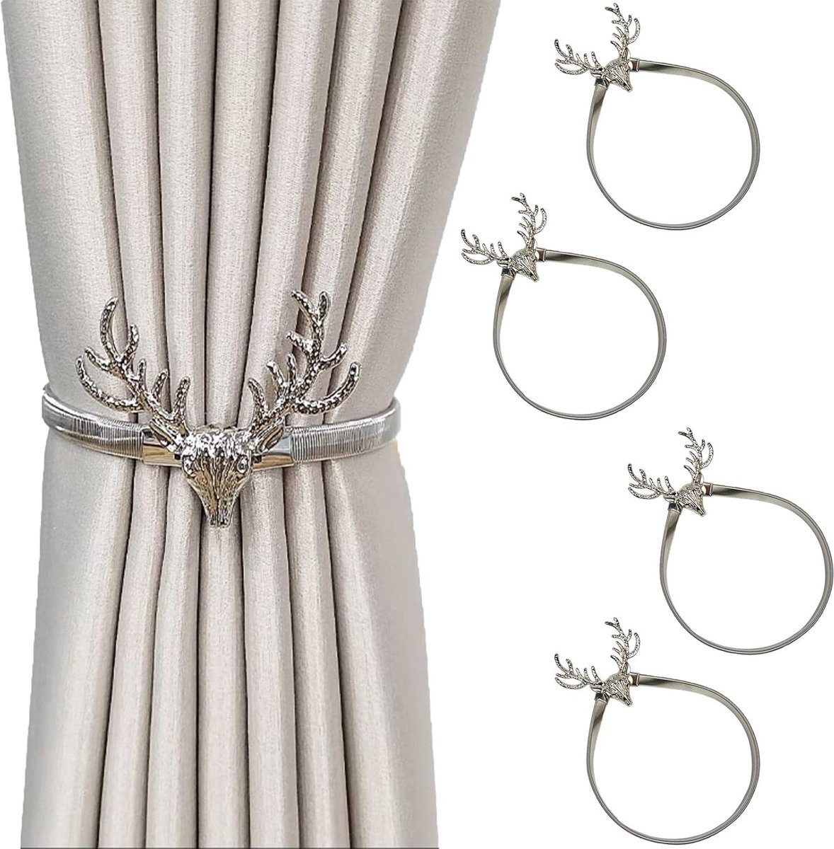 Stunq® Gordijnhouder, 4 stuks, hertenhoofd, zilveren gordijnhouder, gordijngesp voor het bevestigen van gordijn, decoratieve gordijnen (zilver)