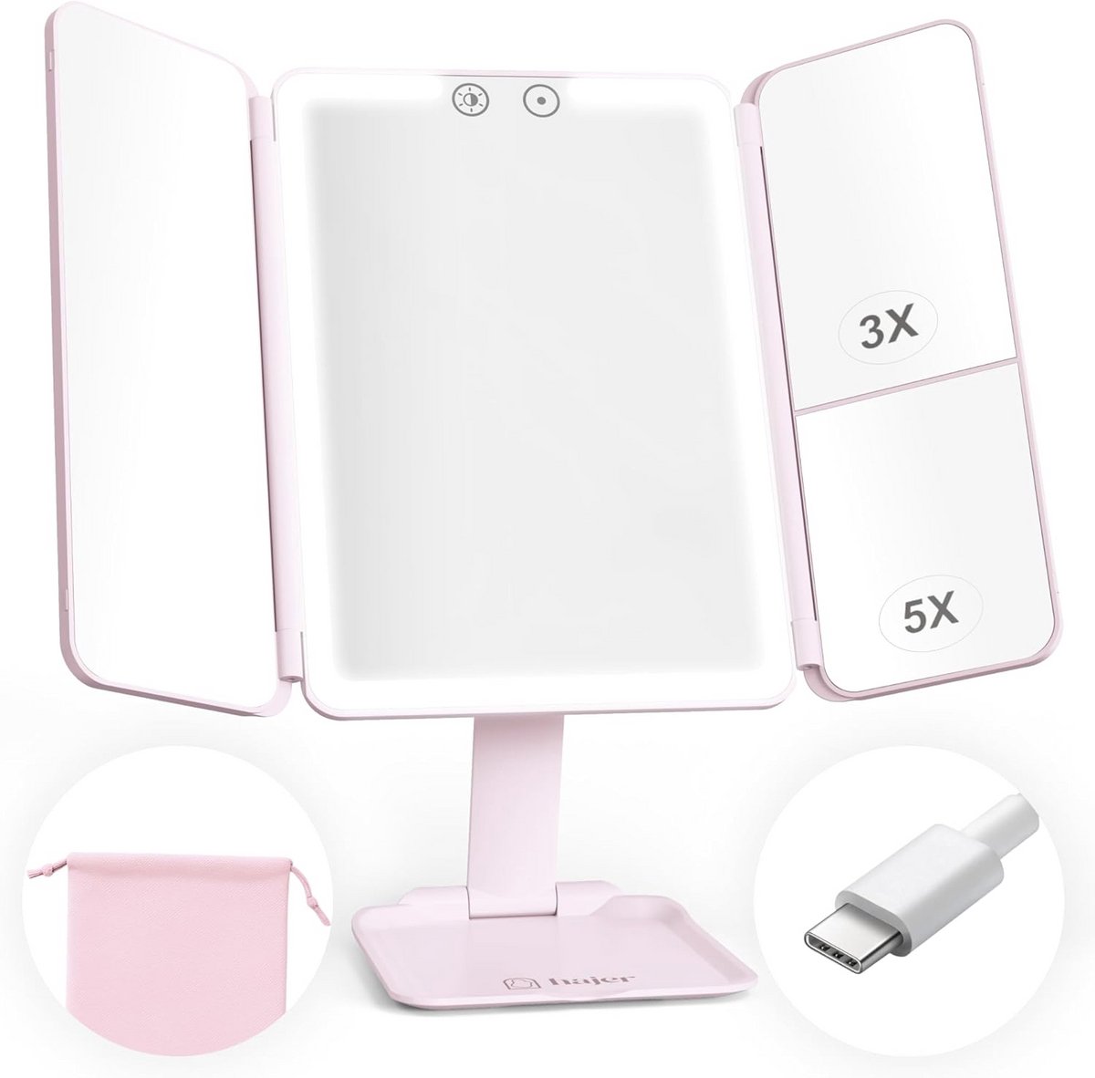 Verlichte Make-up Spiegel met Vergroting en USB-C Oplaadbaar Draagbaar voor Reizen