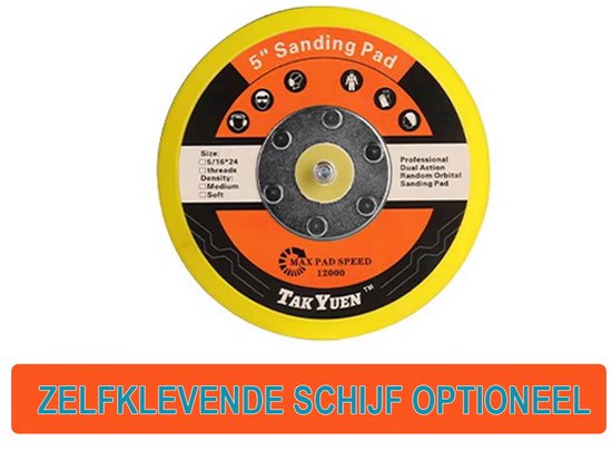 Gele en oranje 5" polijstschijf met de tekst "TAK YUEN". Zelfklevend, voor random orbital schuurmachines.