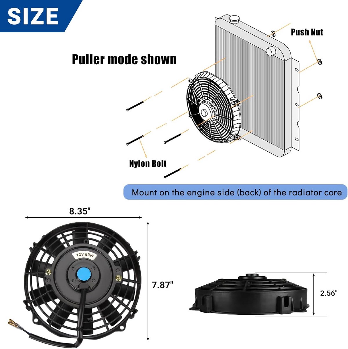 Universele 7 Inch Elektrische Slimme Radiator Koelventilator 12V 80W Push-Pull met Montage