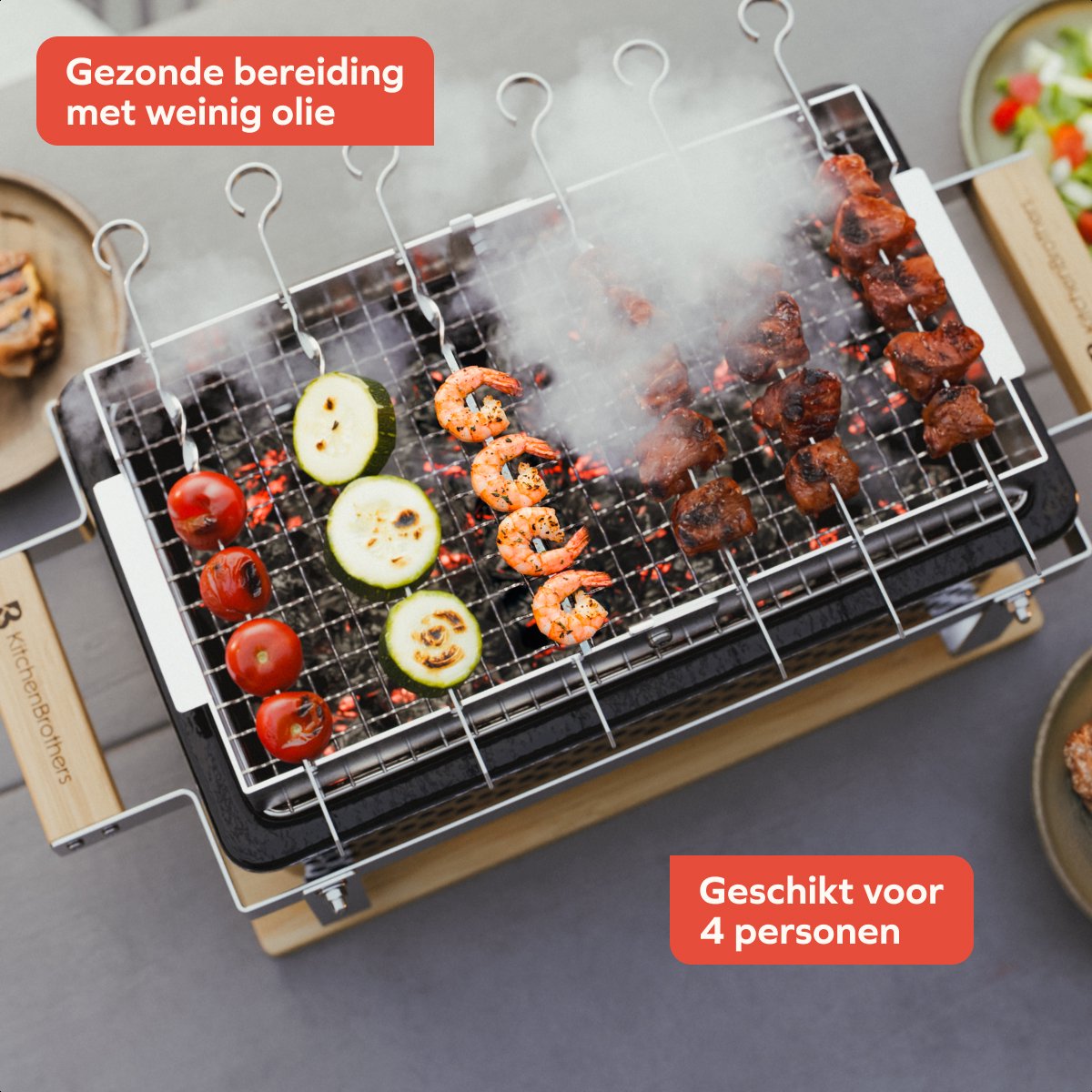 KitchenBrothers Kamado Hibachi Grill - Met Grillrek en Stokjes - Houtskool Barbecue - PFAS-vrij - Shichirin Tafelgrill - Rechthoekige BBQ - Keramische Barbecue - Zwart – foto 7