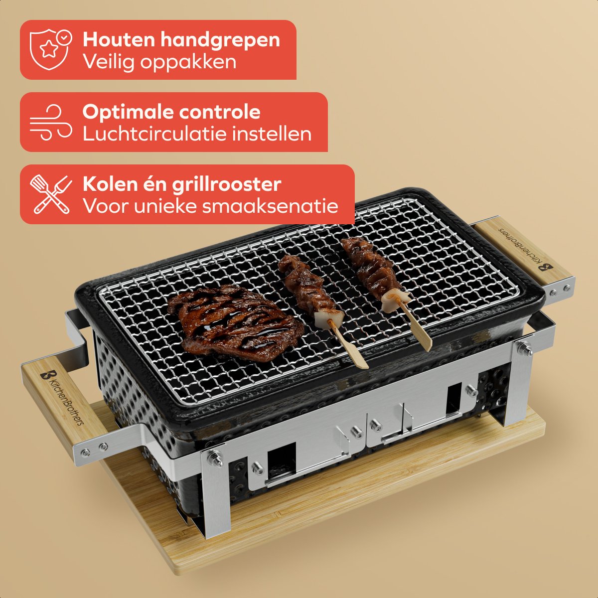 KitchenBrothers Kamado Hibachi Grill - Met Grillrek en Stokjes - Houtskool Barbecue - PFAS-vrij - Shichirin Tafelgrill - Rechthoekige BBQ - Keramische Barbecue - Zwart – foto 3