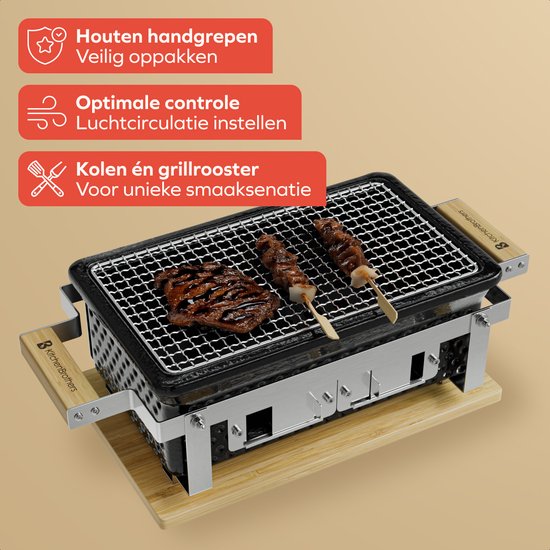 KitchenBrothers Kamado Hibachi Grill - BPA en PFAS Vrij - Met Grillrek en Stokjes - Houtskool Barbecue - Shichirin Tafelgrill - Rechthoekige BBQ - Keramische Barbecue - Zwart van Merkloos — afbeelding 3