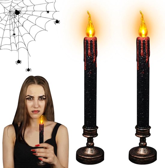 MIJOMA Druppelkaarsen Set Van 2 - Zwarte Staafkaarsen Met Rood Druppeleffect Voor Halloween En Thema-avonden