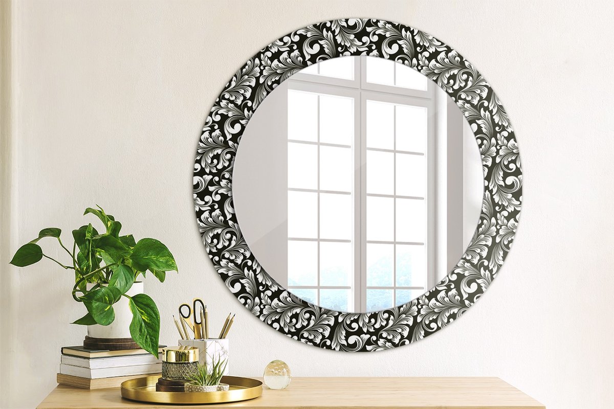 Coloray Bedrukte Spiegel - Ornament Wandspiegel Met Print - 60 cm - Zwart en wit Bedrukte Spiegel - Wandspiegel Met Print - Wandspiegel Decoratieve Print - Bedrukte Spiegel