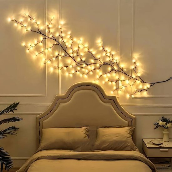 Lampe branche de saule pour mur, cadeau décoratif avec 48 petites ampoules LED et télécommande, 8 modes d'éclairage, convient pour les murs de chambre à coucher, les portes et les fenêtres, les mariages et Noël.