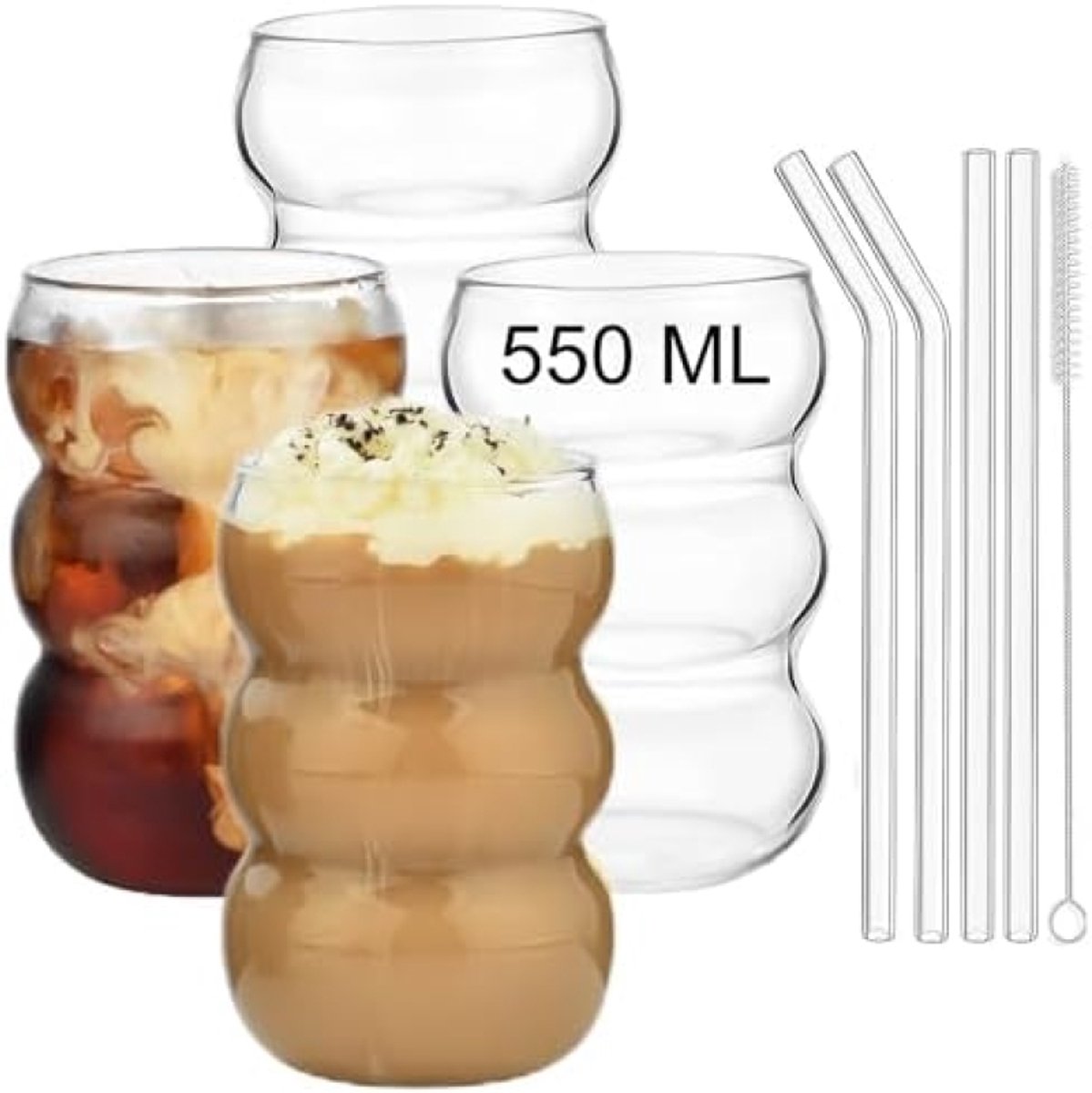 Set van 4 golvende drinkglazen met rietjes en reinigingsborstel
