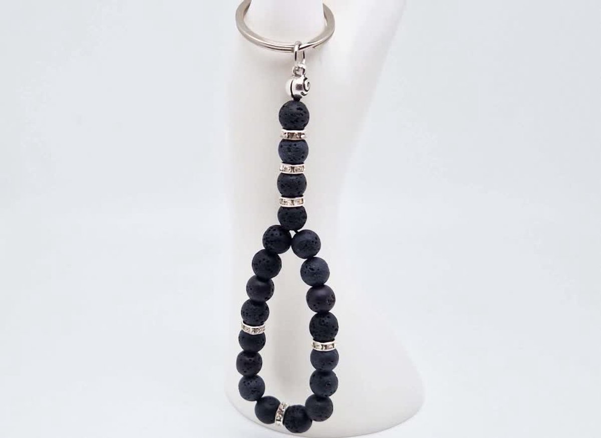 Handgemaakte Tasbih sleutelhanger van natuursteen "Lava Donker" en metaal - diameter kralen 8mm - Aantal stenen 20 - Een mooi cadeau-idee en een bijzonder aandenken