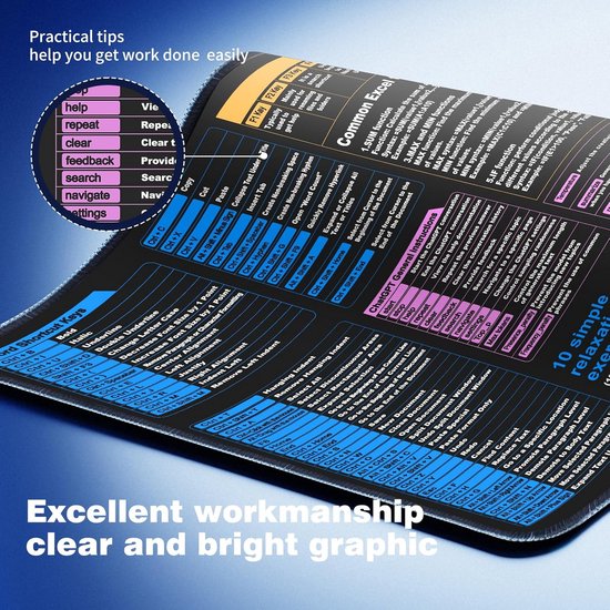Tapis De Souris XL 90x40cm Avec Raccourcis Excel/Word/PowerPoint En Français - Antidérapant, Imperméable, Coutures Renforcées