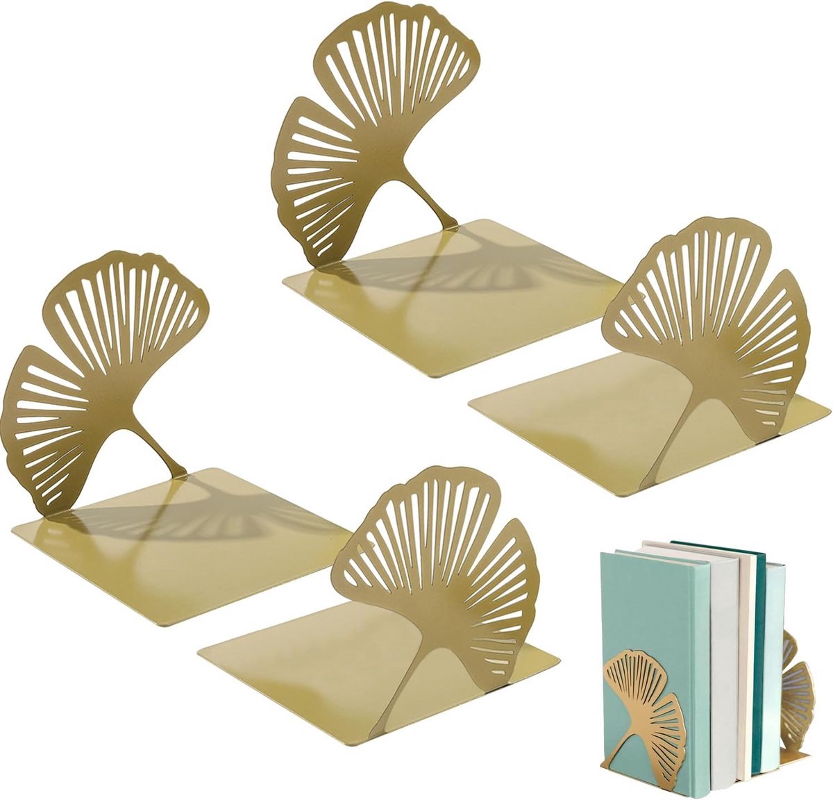 Stunq® Stijlvolle Set van 4 Metalen Boekensteunen met Gingko Blad Ontwerp