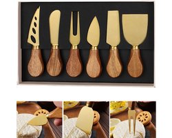 6-delige set - Kaasmessenset - Houten handvat Kaasmessenset - Acaciahouten handvat - Hoogwaardig kaasgereedschap - Een luxe cadeau voor kaasliefhebbers - Inclusief kaasschaaf, kaasmes, kaasvork, kaasspatel - Voor het snijden en smeren van kaas- Goud