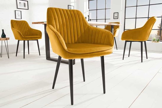 Fauteuil élégant TURIN en velours jaune moutarde avec surpiqûres décoratives - 39528