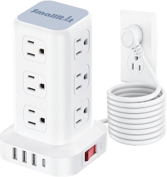 BEVA Stekkerdoos, 12 Voudige Stekkertoren, 5 USB Stopcontacten Meervoudige Stekker Overspanningsbeveiliging En Kortsluitbeveiliging Met 2 Schakelaars M Kabel 2500w 10a 788841146