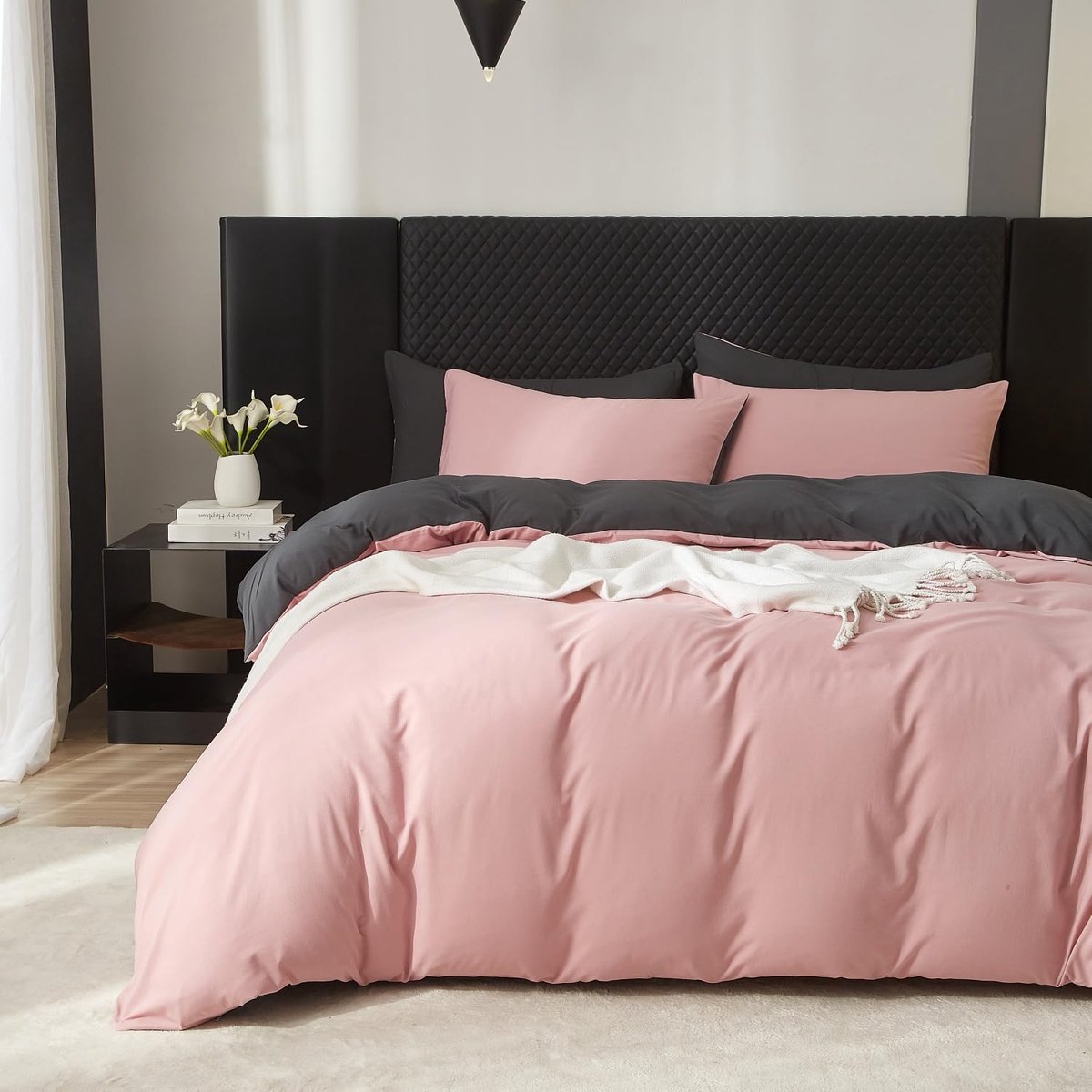 Unyqoos Omkeerbare katoenen dekbedovertrekset voor tweepersoonsbed in roze en grijs antraciet roze