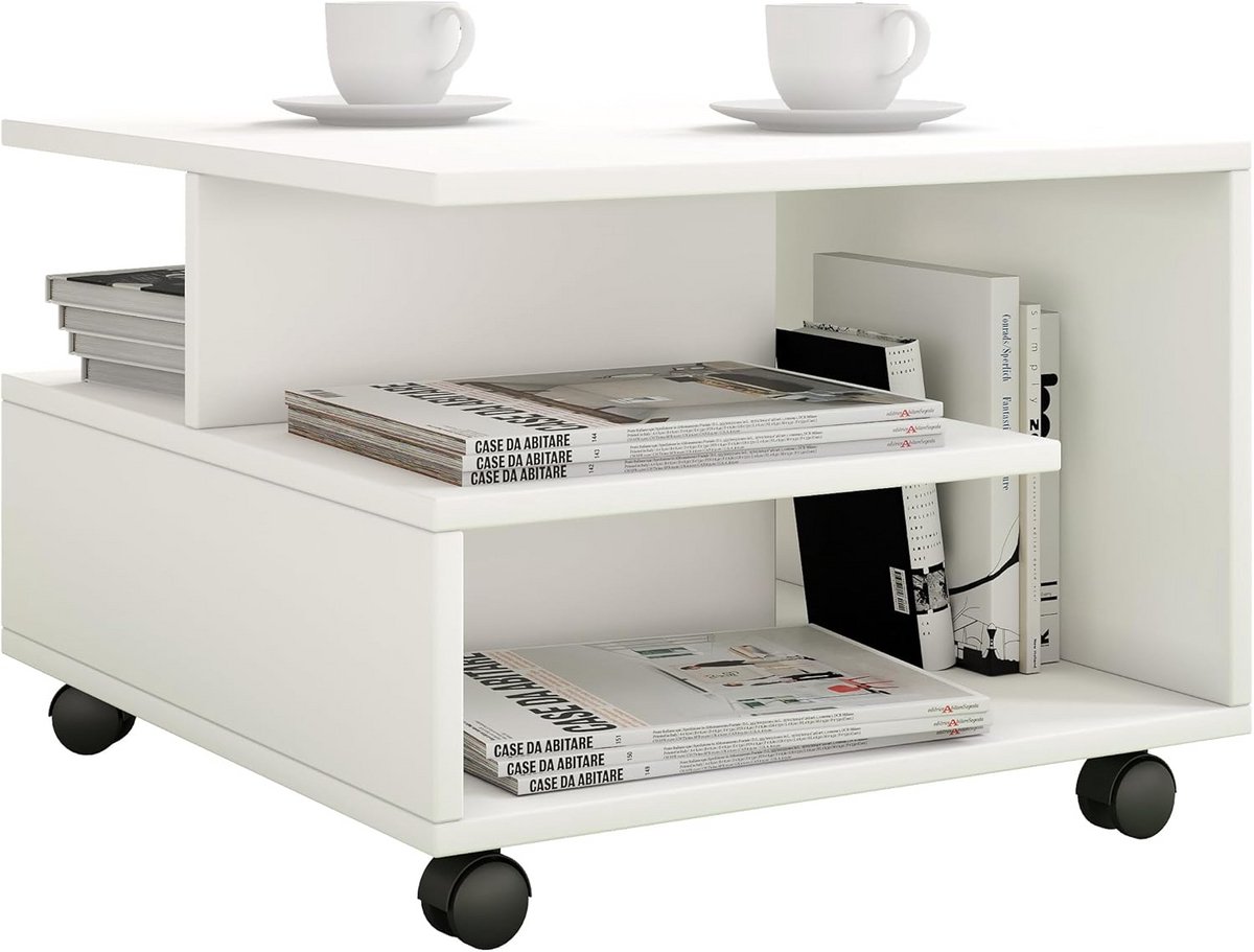 Houten Salontafel Wit op Wielen - Verrijdbare Sofa Tafel voor de Woonkamer