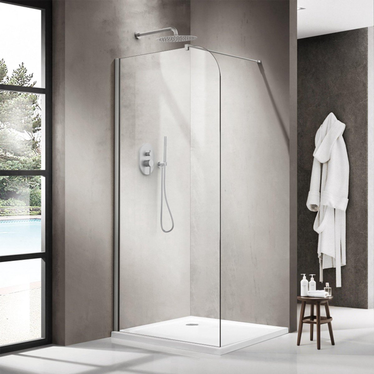 FugaFlow Eccelente Vetro Inloopdouche - 100x200cm - afgeronde glaswand - helder glas - wandarm - geborsteld RVS PVD (RVS)