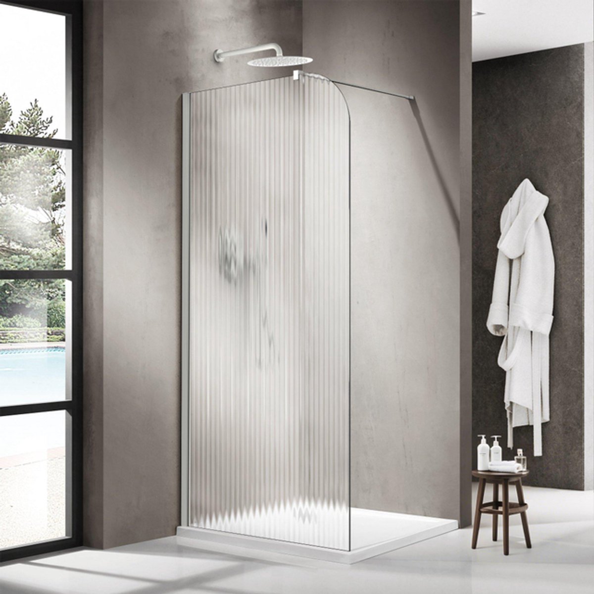 FugaFlow Eccelente Vetro Inloopdouche - 110x200cm - afgeronde glaswand - links - ribbel glas - wandarm - mat wit