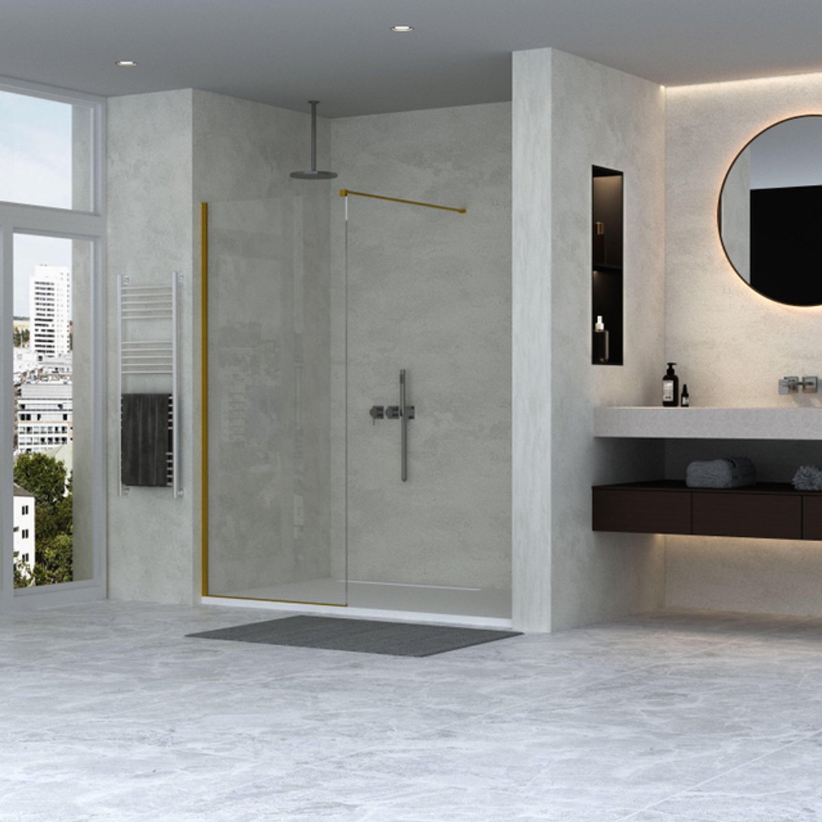FugaFlow Efficiente Vetro 2.0 Inloopdouche - 60x200cm - wandprofiel - stabilisatiestang - helder glas - goud mat