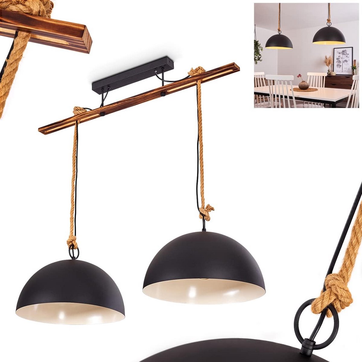 Moderne Hanglamp Zwart Hout E27, Ronde Industriële Plafondlamp voor Woonkamer of Keuken