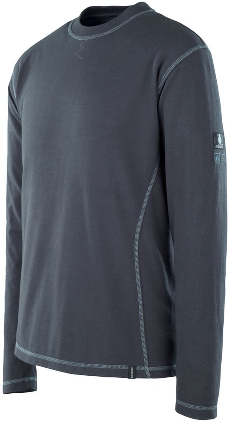 Donkerblauw werkshirt met lichtblauwe stiksels op de zijkanten, nek en mouwen. Mascot logo op de linkermouw.