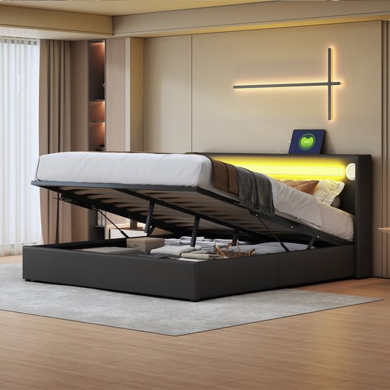 Wishdor – Gestoffeerd bed – Bluetooth, LED & 2 USB – Hydraulisch – PU-leer zwart – 160x200 cm