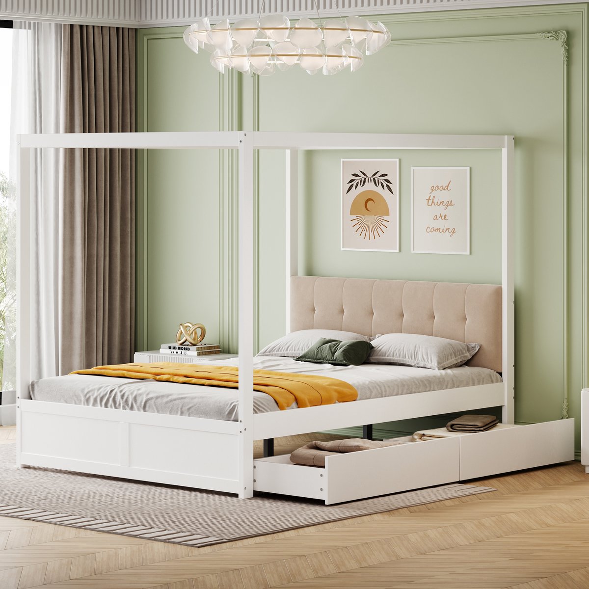 REDOM Bedframe 140x200 cm – Tentbed met dak & gestoffeerde rugleuning – Wit – Met 2 lades