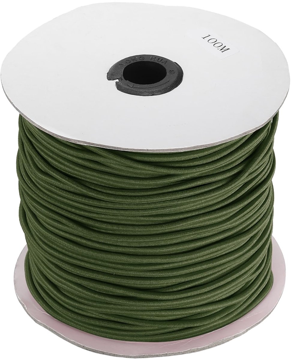 Elastisch koord, rekbaar, zwaar touw, 3 mm, 109 m lang, rubberen touw [voor naaien, kamperen, doe-het-zelf, kralenkettingen, buiten] - Legergroen