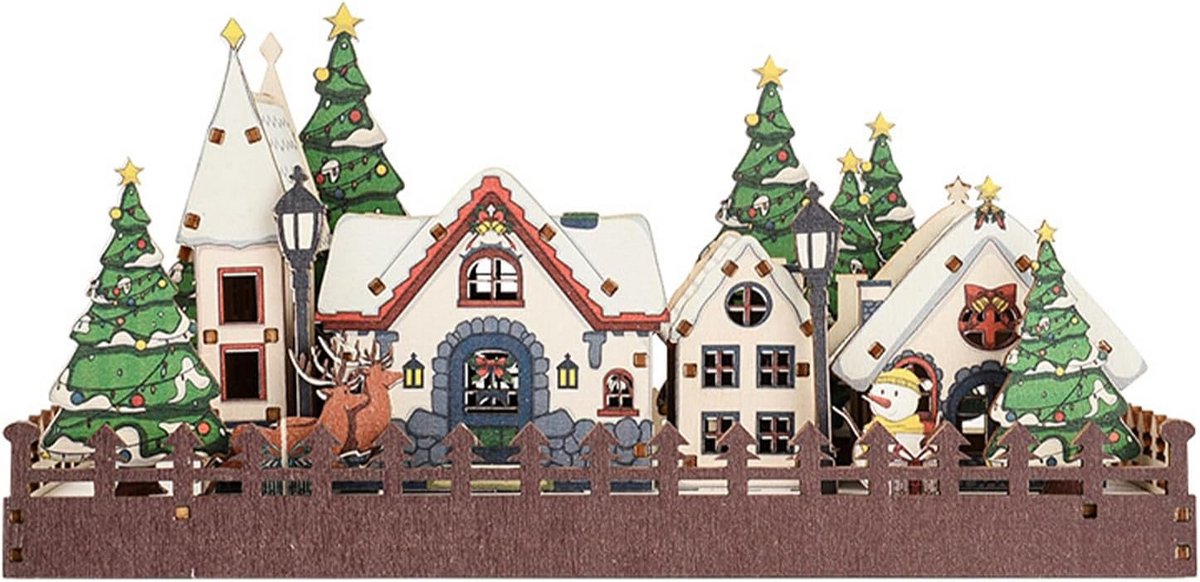 Verlicht Dorp Kerstmis Houten Set met Figuren LED Wintertafereel Tafeldecoratie