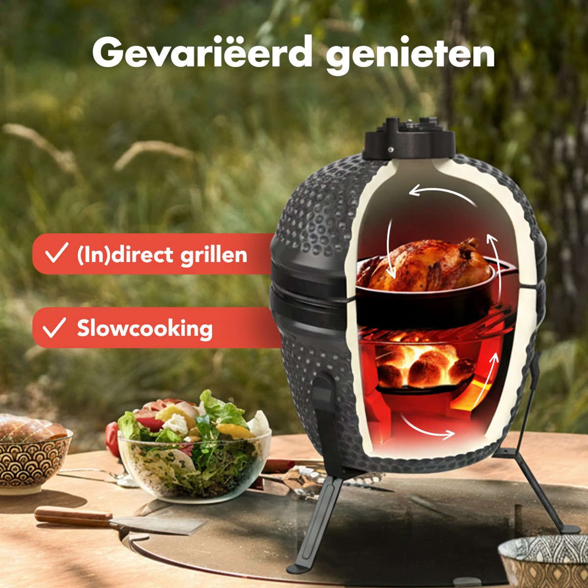 KitchenBrothers Kamado BBQ - 13 Inch Houtskool Barbecue - 27⌀ cm - PFAS-vrij - Egg BBQ - Grijs – foto 6