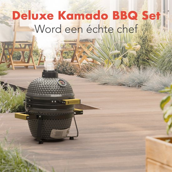 KitchenBrothers Kamado BBQ - PFAS Vrij - 13 Inch Houtskool Barbecue - 27⌀ cm - Deluxe Set - Egg BBQ met Accessoires inclusief Hoes - Grijs van Merkloos — afbeelding 2