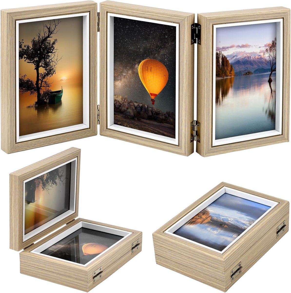 Stunq® 4x6 Drievoudige fotolijst Vouw 3 foto's Collage 1 stuk MDF Drie gaten Drievoudig bureauframe 4x6 Vouwfotolijst