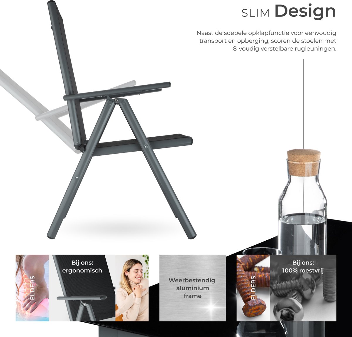 tectake® Tuinset - Tuintafel met Tuinstoelen - 6 Stoelen en 1 Tuintafel met Glazen Blad - Weerbestendige Tuinmeubelset voor het balkon of tuin - 6 Personen - Antraciet – foto 8