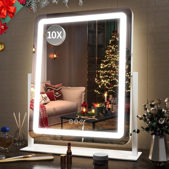 Auxmir Verlichte make-upspiegel 1X/5X/10X met 68 LED 2000mAh, drievoudige spiegel met aanraakscherm, drieluik spiegel, USB oplaadbaar, 180° Verstelbare Cosmetische Spiegel, Wit