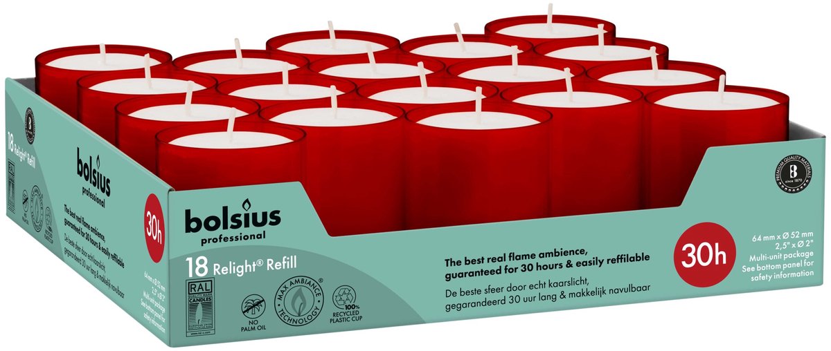 Bolsius Horeca Relight Navullingen 64/52 Rood (18 stuks)