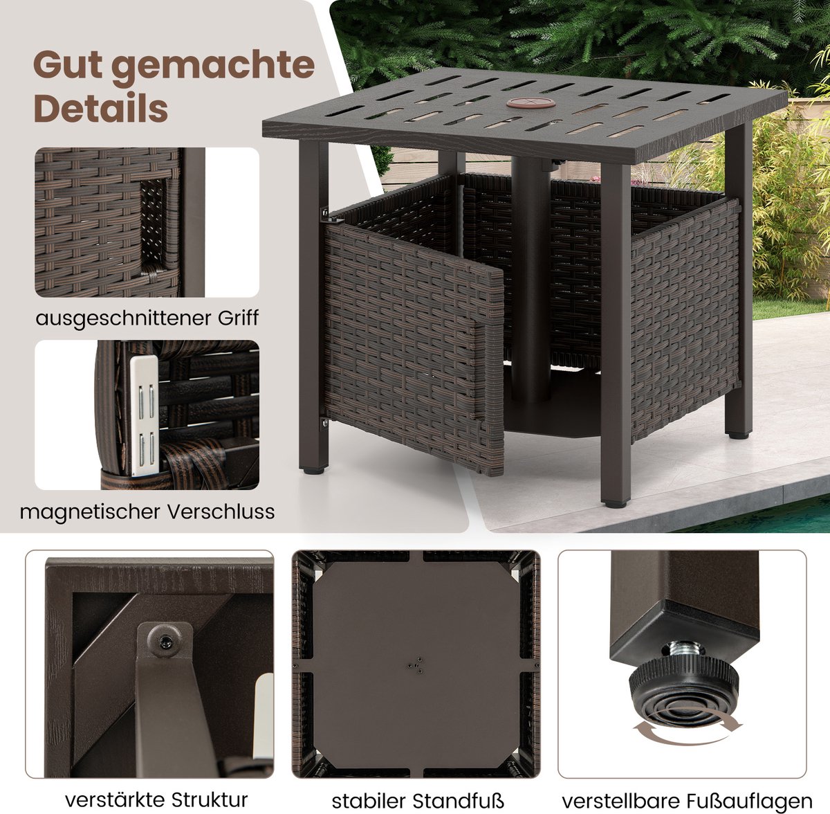 COSTWAY Bijzettafel voor buiten, weerbestendig, rotan tuintafel met paraplugat, kleine balkontafel, koffietafel voor tuin, balkon, terras, 55,5 x 55,5 x 47,5 cm thumbnail 3