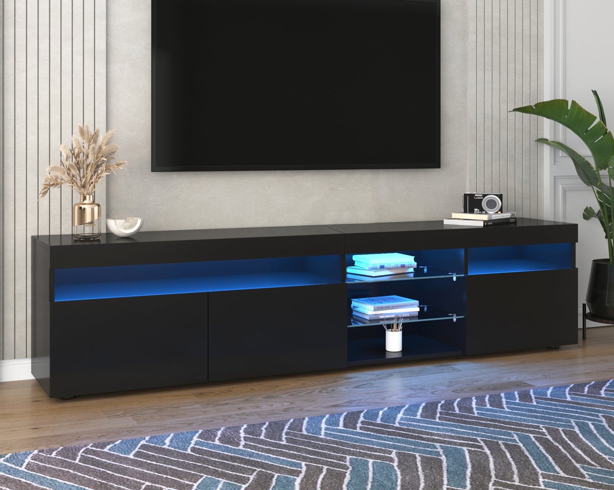 Wishdor Tv-Meubel - Variabele Ledverlichting - Hoogglans Front - Glasinleg Laminaat - Mdf - Zwart - 180 X 35 X 48 Cm
