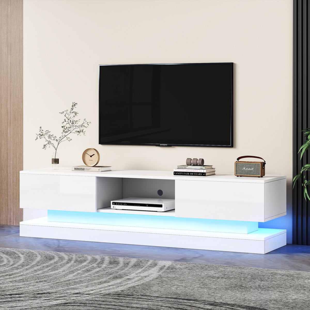 REDOM TV-meubel 160*35*40.5 cm, spaanplaat hoogglans wit, met LED en 2 lades, app-bediening & anti-kantel