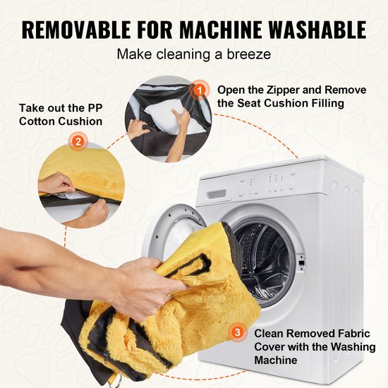 Instructies voor het wassen van een hondenautostoel: het verwijderen van de vulling, het openen van de rits en het wassen van de hoes.