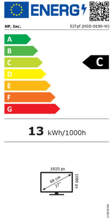 Energie-etikettering met categorie C en een specificatie van 13 kWh/1000h. Monitorafmetingen zijn 27 inch, 1080p.