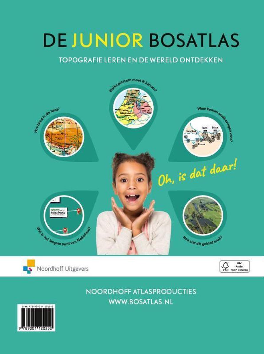 Achterkant van De Junior Bosatlas met afbeelding van een verbaasd meisje en vijf wereldkaart-illustraties.
