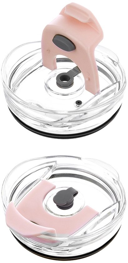 Roze thermosbeker deksel met een lichtroze handvat en een grijze sluitknop.