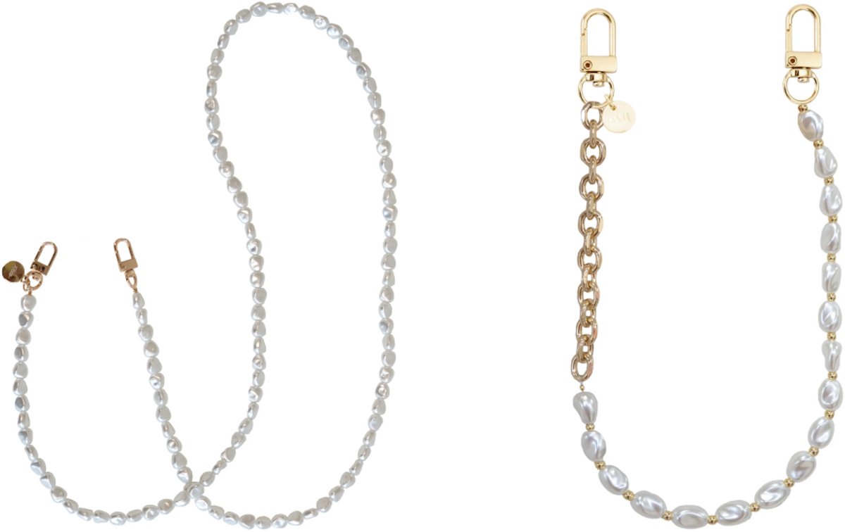 xoxo Wildhearts telefoonkoorden Pearlfection Lang + Over The Moon Kort – parelkoordjes met gouden schakels – elegant en modieus – geschikt voor iPhone / Samsung