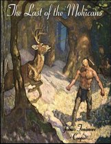 De omslag van "The Last of the Mohicans" met een indiaan en een hert in een bos.