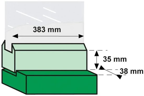 Technische tekening van een montagebeugel met afmetingen 383 mm breed, 35 en 38 mm hoog, in het groen.