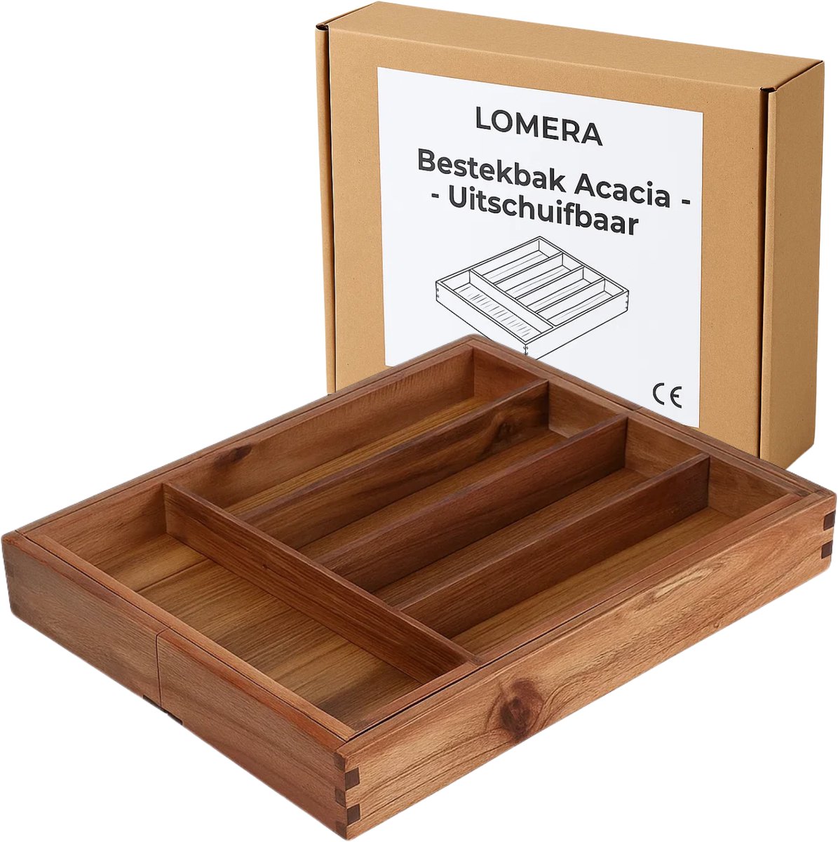 Lomera Uitschuifbare Bestekbak - Besteklade Organizer - Acacia Hout - Bestek Organizer - Bestekla - Bestek Bak - Verstelbaar 28-45 Cm - Bestek Opbergen