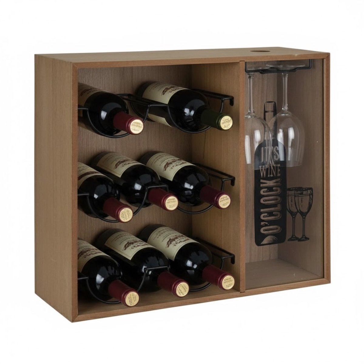 Lomera Wijnrek MDF - Wijnkastje - Ruimte Voor 6 Flessen - Wijnflessen Opbergen - Kurken Bewaren - Glasplaatje Met Print - Compact Design - Staand Wijnrek - Decoratief Wijnrek - Wijnrek Voor Keuken - Wijnrek Voor Dressoir