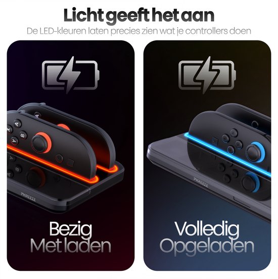 Twee controllers die worden opgeladen op een oplaadstation. Rode LED-verlichting geeft aan dat ze bezig zijn met laden, blauwe LED-verlichting geeft aan dat ze volledig zijn opgeladen.