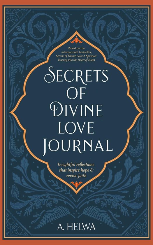 Couverture de livre 'Secrets of Divine Love Journal' en lettres ornées sur fond bleu foncé avec bordure décorative orange.